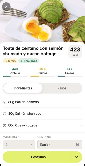 Receta con macros e ingredientes en la app móvil de PRML